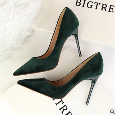 Korean women's shoes fashion simple stiletto with high-heeled shallow mouth pointed suede  shoes high heels