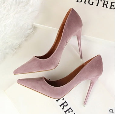 Korean women's shoes fashion simple stiletto with high-heeled shallow mouth pointed suede  shoes high heels