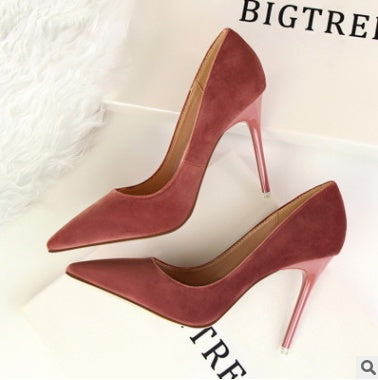 Korean women's shoes fashion simple stiletto with high-heeled shallow mouth pointed suede  shoes high heels