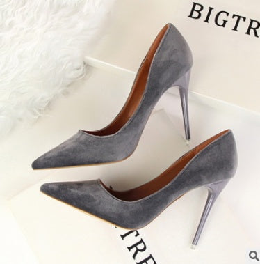 Korean women's shoes fashion simple stiletto with high-heeled shallow mouth pointed suede  shoes high heels