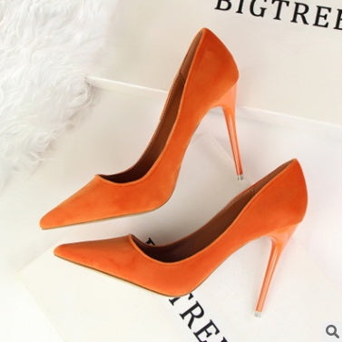 Korean women's shoes fashion simple stiletto with high-heeled shallow mouth pointed suede  shoes high heels