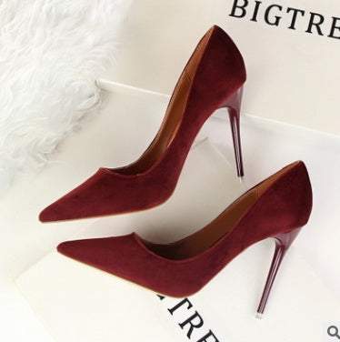 Korean women's shoes fashion simple stiletto with high-heeled shallow mouth pointed suede  shoes high heels